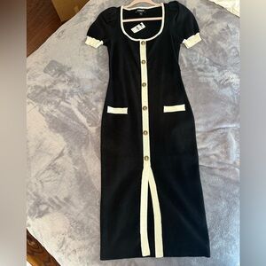 Express New Black Midi Dress with button detail.  White trim.